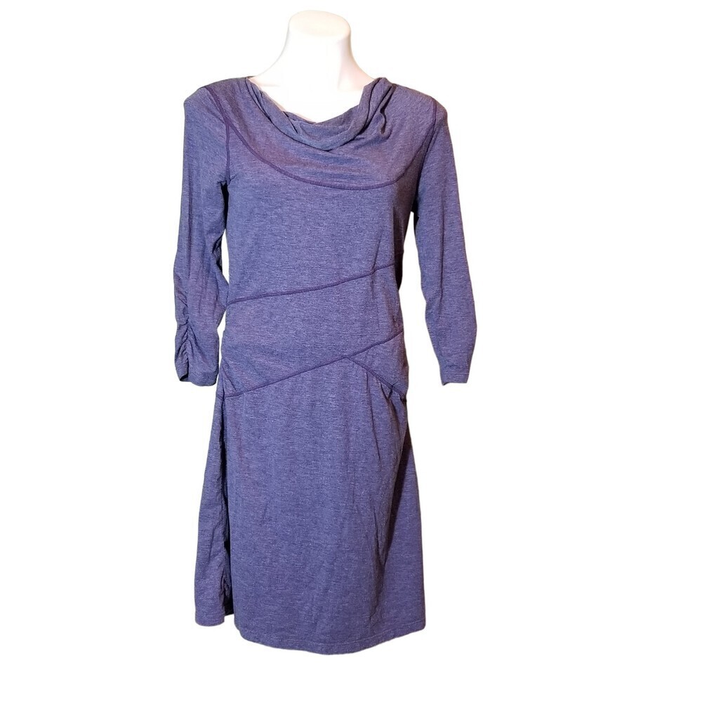 Athleta Womens Ukiah Cowl Neck 3/4 Sleeve Stretch Sheath Dress Blue Size Medium